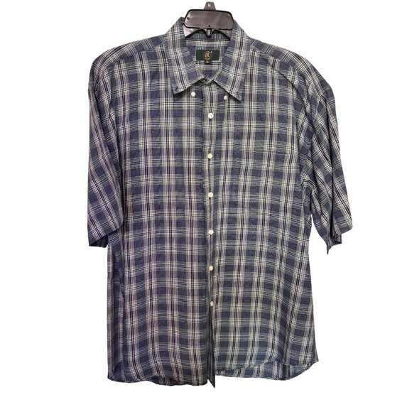 Club Room Blue Plaid Short Sleeve Button-Down Shirt Men's XL Linen Blend Pocket - Picture 1 of 6